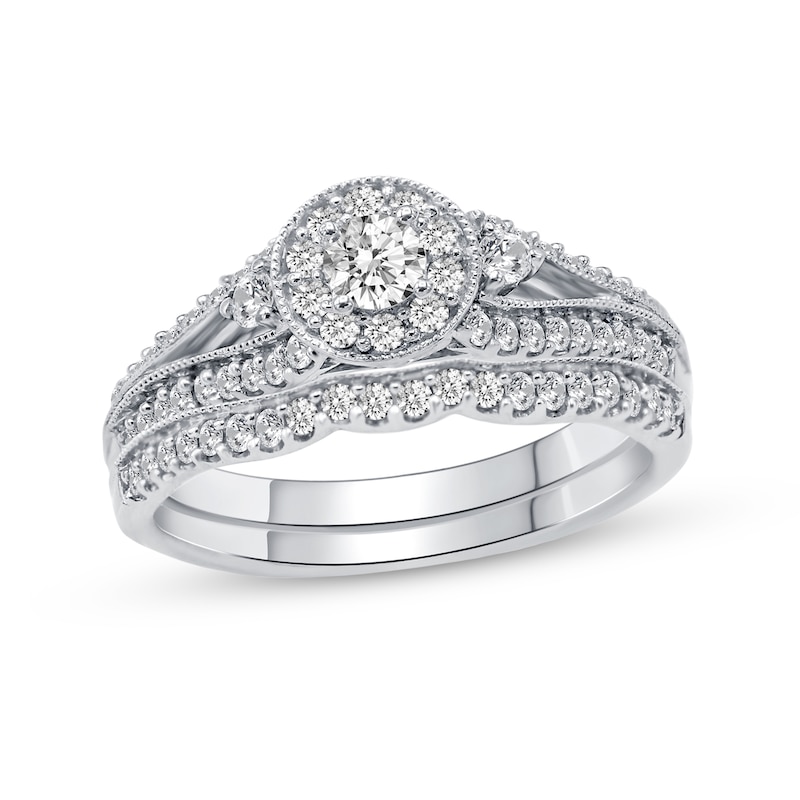 Main Image 1 of 1/2 CT. T.W. Diamond Frame Split Shank Bridal Set in 10K White Gold
