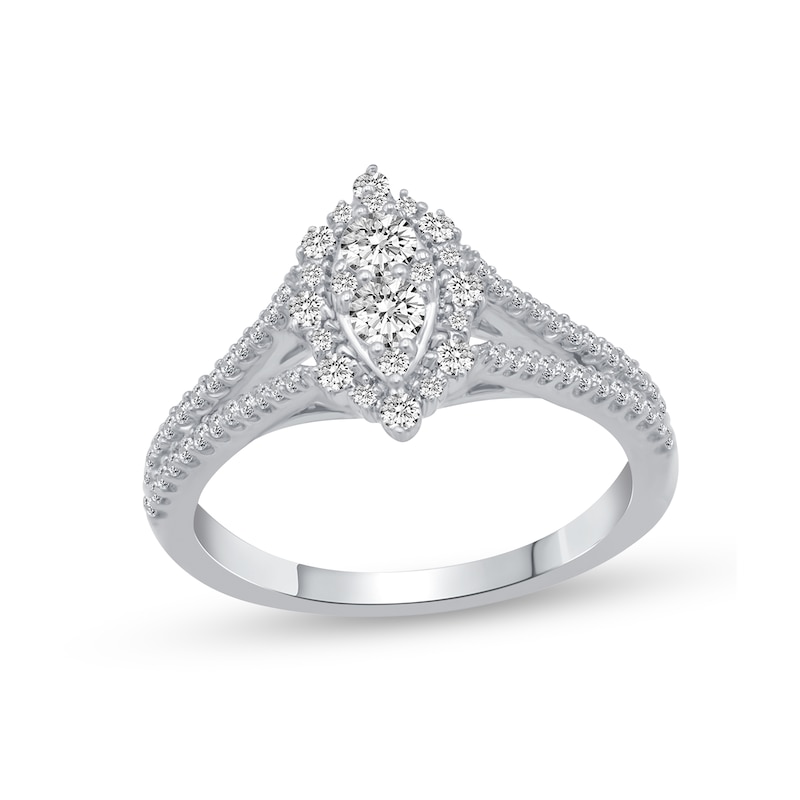 Main Image 1 of 1/2 CT. T.W. Marquise-Shaped Multi-Diamond Frame Split Shank Engagement Ring in 14K White Gold
