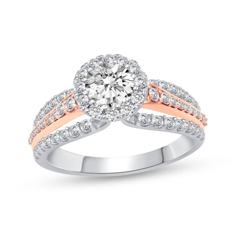 Main Image 1 of 1-1/6 CT. T.W. Diamond Frame Split Shank Engagement Ring in 14K Two-Tone Gold