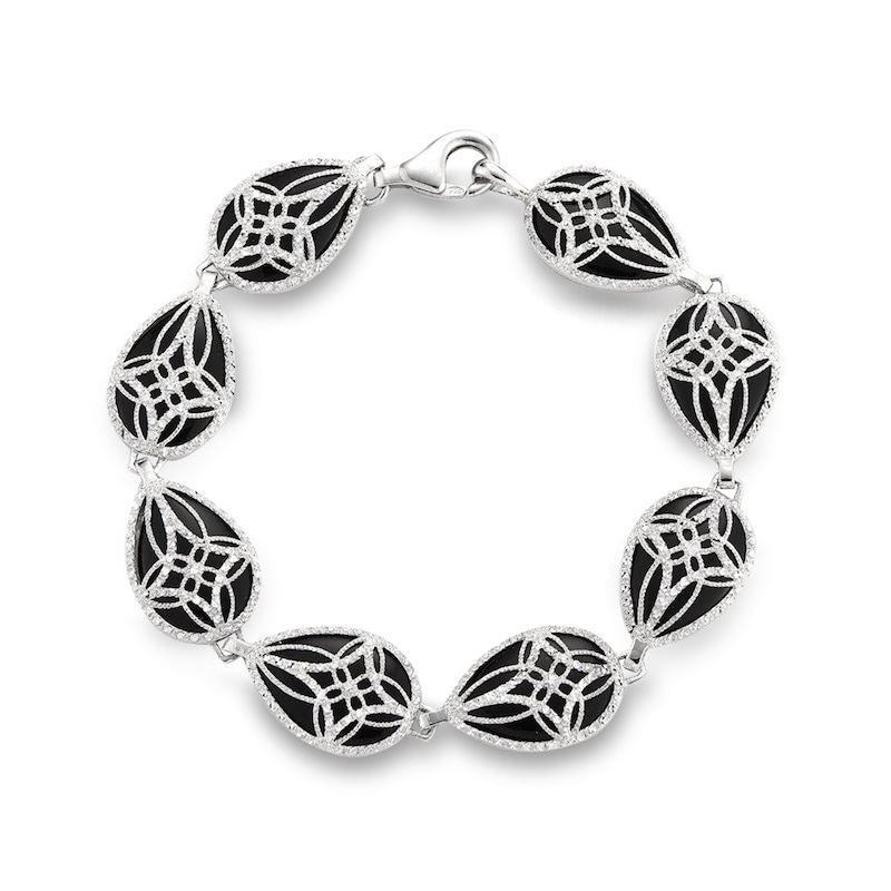 Main Image 1 of Sideways Pear-Shaped Black Onyx with Diamond-Cut Beaded Cross Overlay Vintage-Style Line Bracelet in Sterling Silver