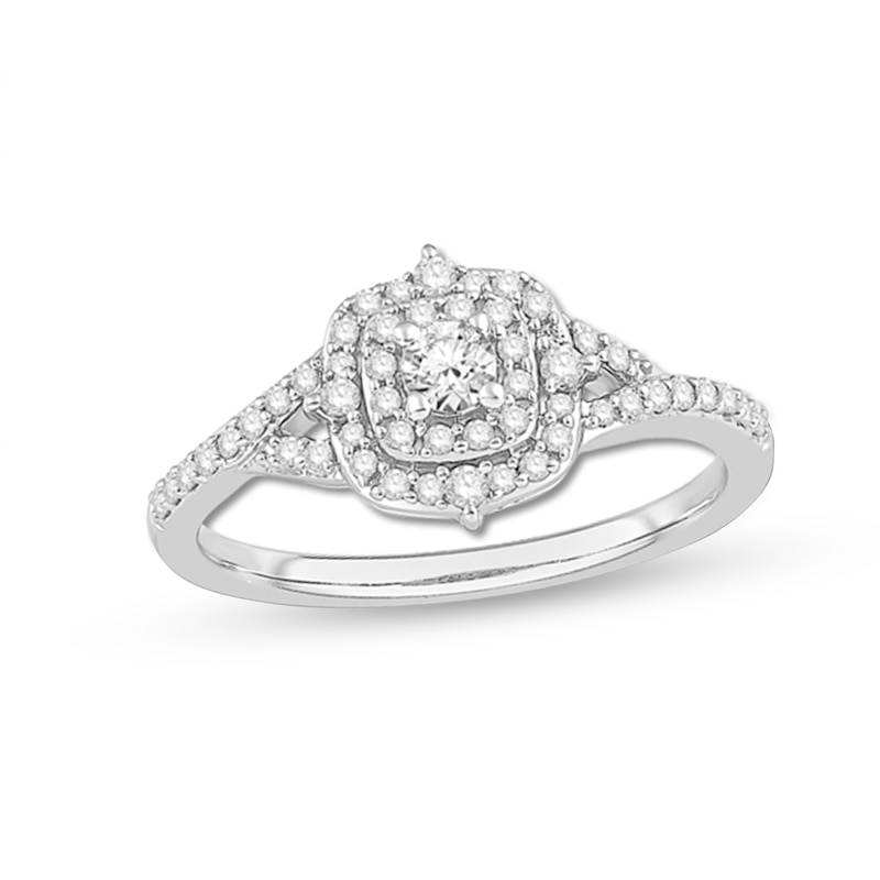 Main Image 1 of 3/8 CT. T.W. Diamond Double Cushion-Shaped Frame Split Shank Engagement Ring in 14K White Gold