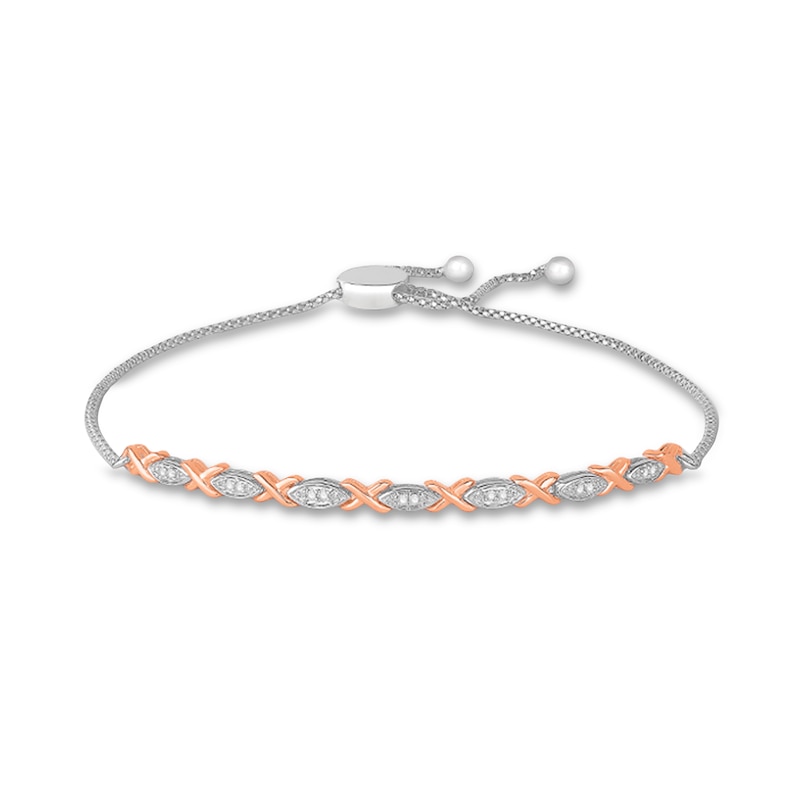1/10 CT. T.W. Diamond Alternating Marquise-Shaped and "X" Bolo Bracelet in Sterling Silver and 10K Rose Gold – 9.5"