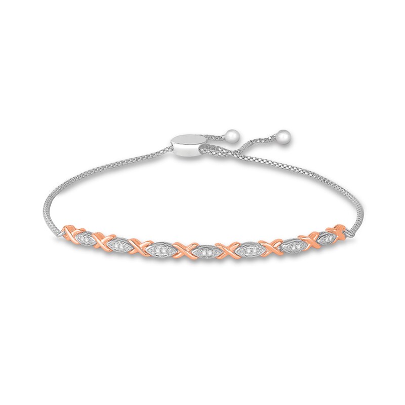 Main Image 1 of 1/10 CT. T.W. Diamond Alternating Marquise-Shaped and "X" Bolo Bracelet in Sterling Silver and 10K Rose Gold – 9.5"