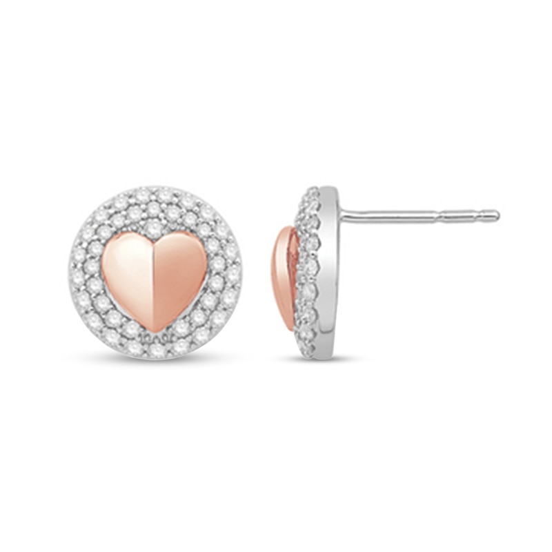 Main Image 1 of 1/2 CT. T.W. Diamond Double Frame Heart in Circle Stud Earrings in 10K Two-Tone Gold