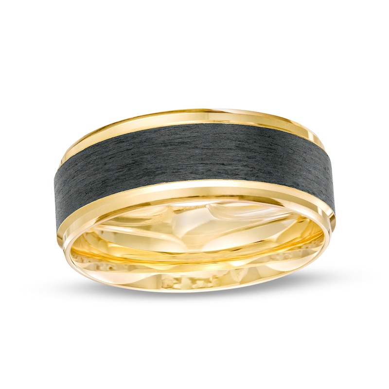 Main Image 1 of Men's 8.0mm Stepped Edge Wedding Band in 14K Gold and Carbon Fiber Inlay - Size 10