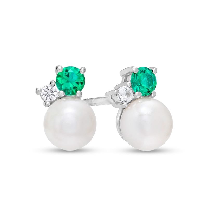 Main Image 1 of Freshwater Cultured Pearl, Lab-Created Emerald and White Sapphire Three Stone Stud Earrings in Sterling Silver