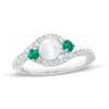 Thumbnail Image 1 of 6.0mm Freshwater Cultured Pearl, Lab-Created Emerald and White Sapphire Three Stone Bypass Ring in Sterling Silver