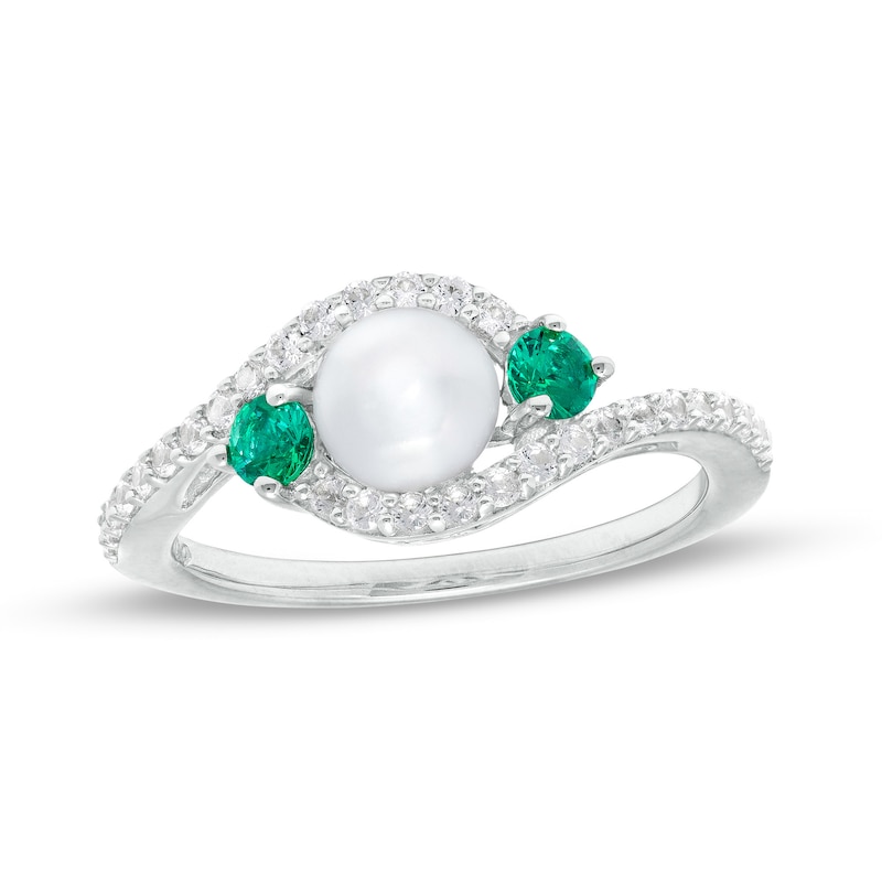 6.0mm Cultured Freshwater Pearl, Lab-Created Emerald and White Sapphire Three Stone Bypass Ring in Sterling Silver