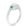 Thumbnail Image 2 of 6.0mm Cultured Freshwater Pearl, Lab-Created Emerald and White Sapphire Three Stone Bypass Ring in Sterling Silver