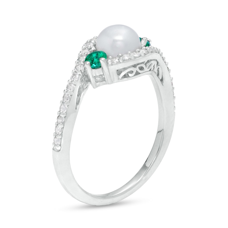 6.0mm Cultured Freshwater Pearl, Lab-Created Emerald and White Sapphire Three Stone Bypass Ring in Sterling Silver