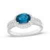 Thumbnail Image 1 of Sideways Oval London Blue Topaz and White Lab-Created Sapphire Frame Double Row Ring in Sterling Silver
