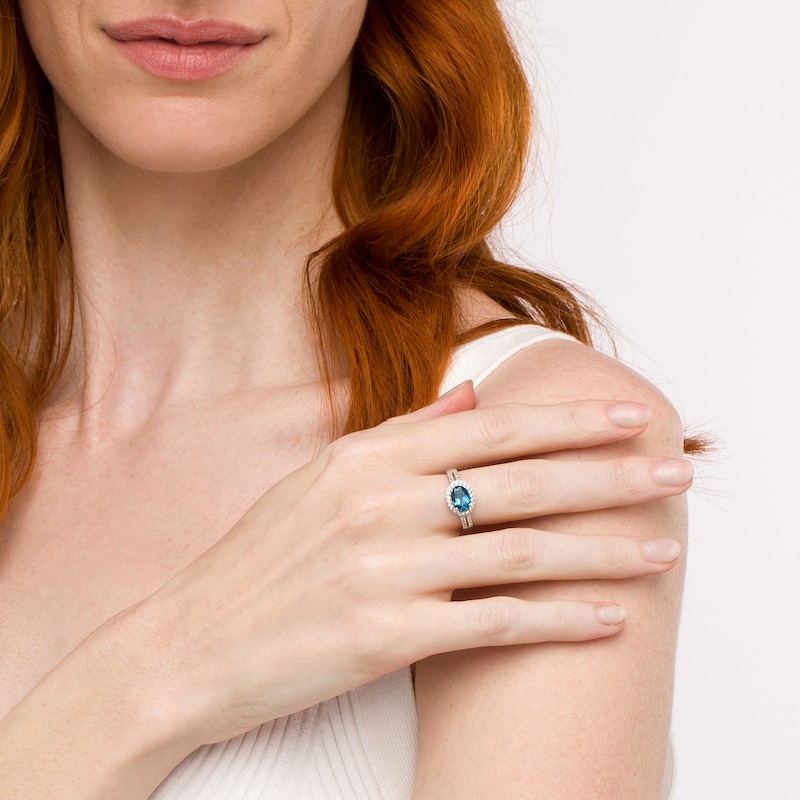 Main Image 2 of Sideways Oval London Blue Topaz and White Lab-Created Sapphire Frame Double Row Ring in Sterling Silver