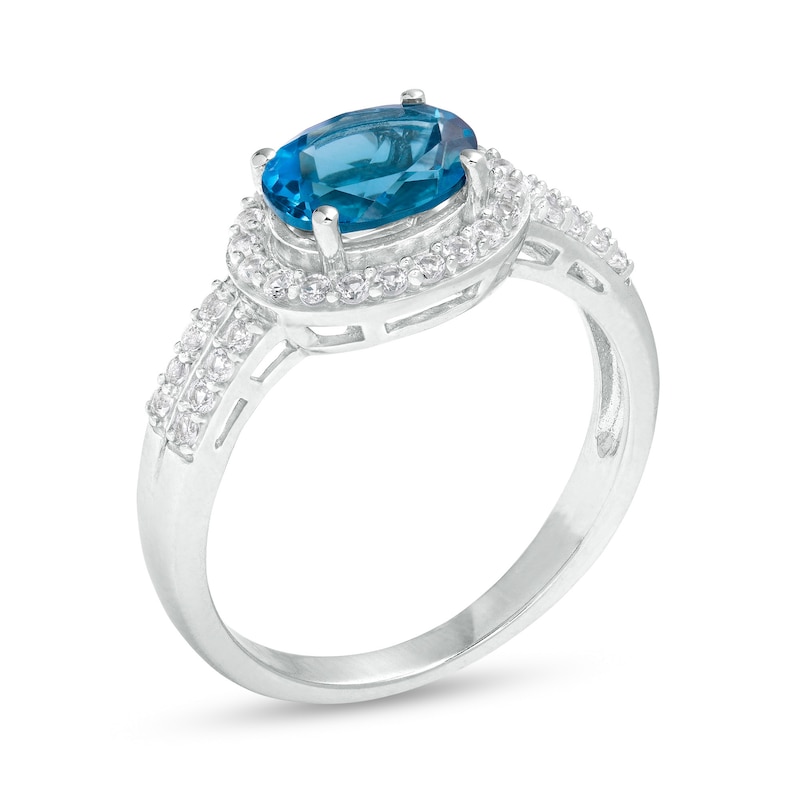 Main Image 3 of Sideways Oval London Blue Topaz and White Lab-Created Sapphire Frame Double Row Ring in Sterling Silver