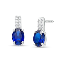 Oval Blue and White Lab-Created Sapphire Double Row Stick Drop Earrings in Sterling Silver