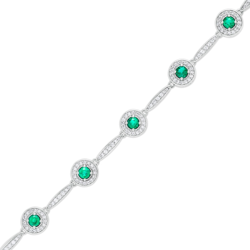 Lab-Created Emerald and White Sapphire Frame Five Stone Station Bracelet in Sterling Silver - 7.25"