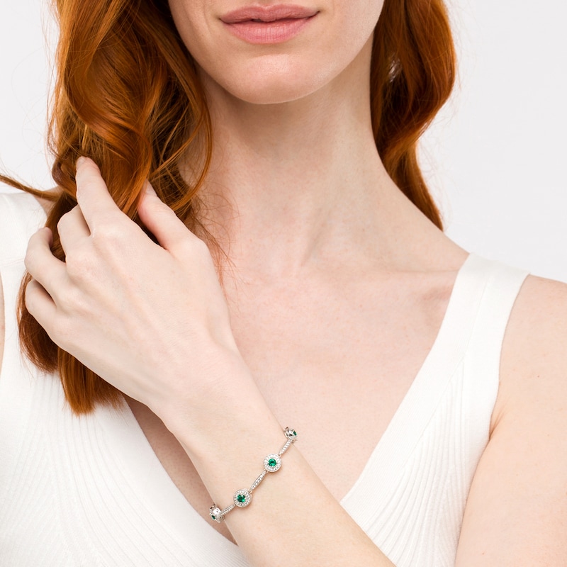 Lab-Created Emerald and White Sapphire Frame Five Stone Station Bracelet in Sterling Silver - 7.25"