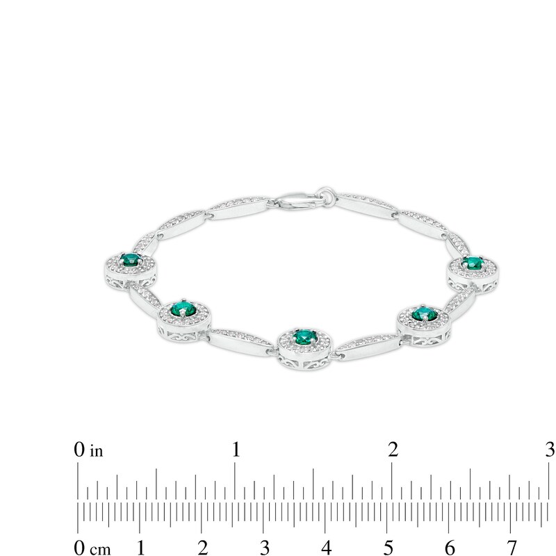 Lab-Created Emerald and White Sapphire Frame Five Stone Station Bracelet in Sterling Silver - 7.25"