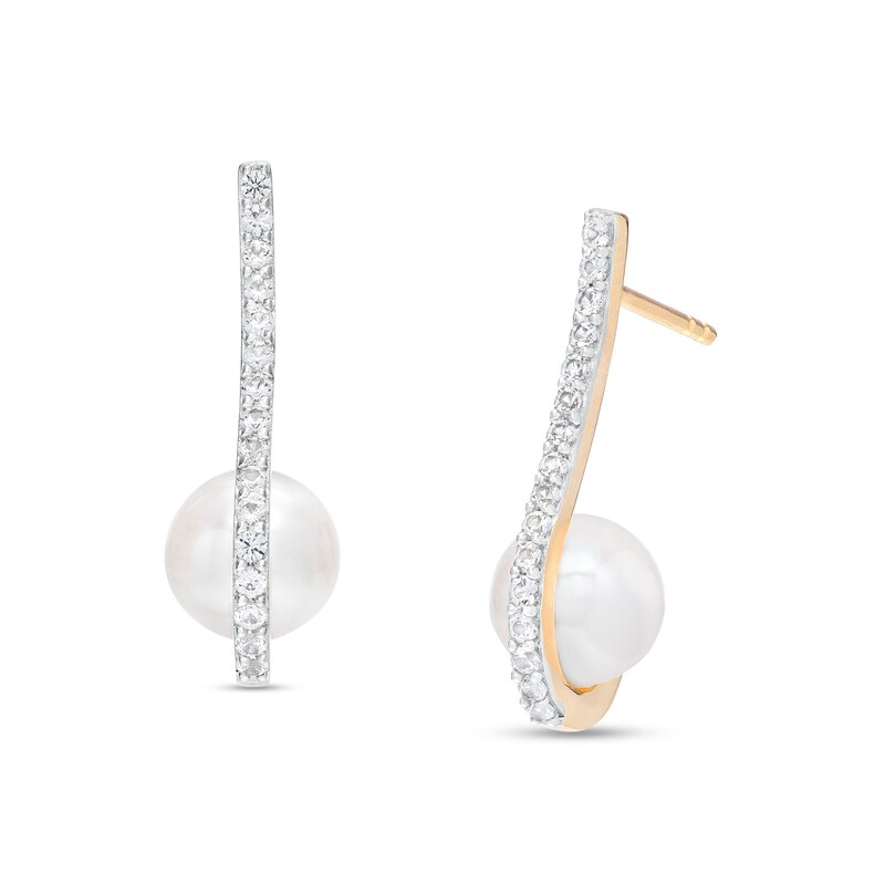 Main Image 1 of Freshwater Cultured Pearl and White Lab-Created Sapphire S Overlay Drop Earrings in Sterling Silver with 10K Gold Plate