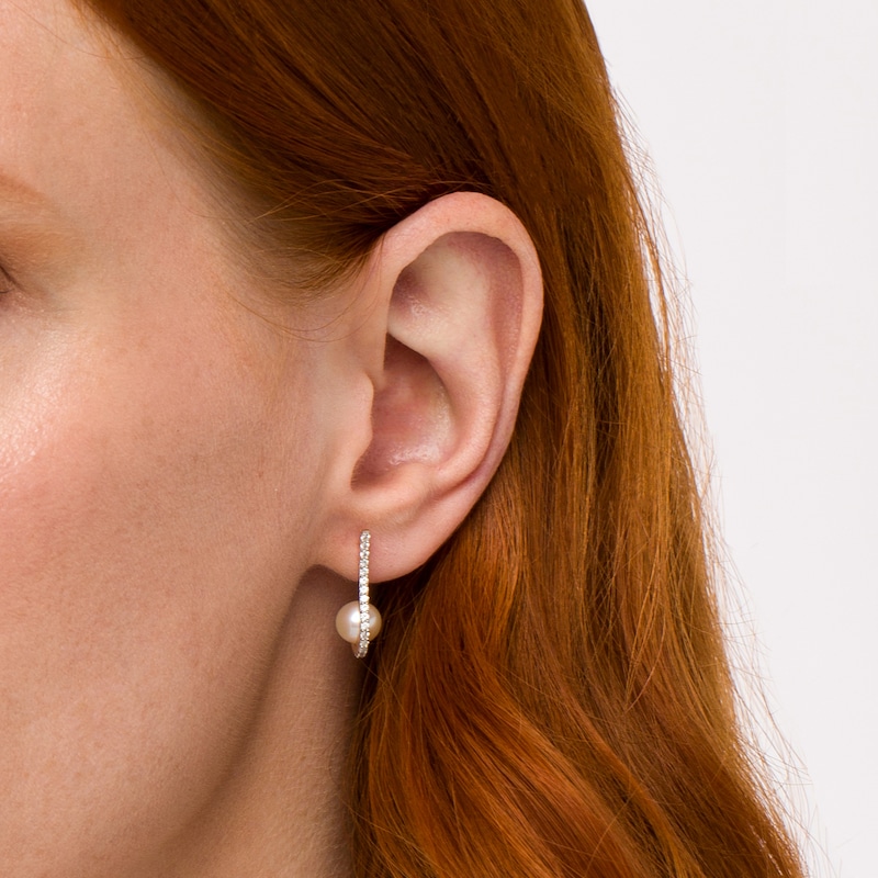 Main Image 2 of Freshwater Cultured Pearl and White Lab-Created Sapphire S Overlay Drop Earrings in Sterling Silver with 10K Gold Plate