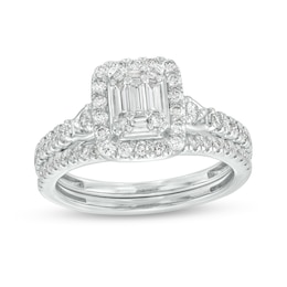 3/4 CT. T.W. Emerald-Shaped Multi-Diamond Frame Bridal Set in 10K White Gold (I/SI2)