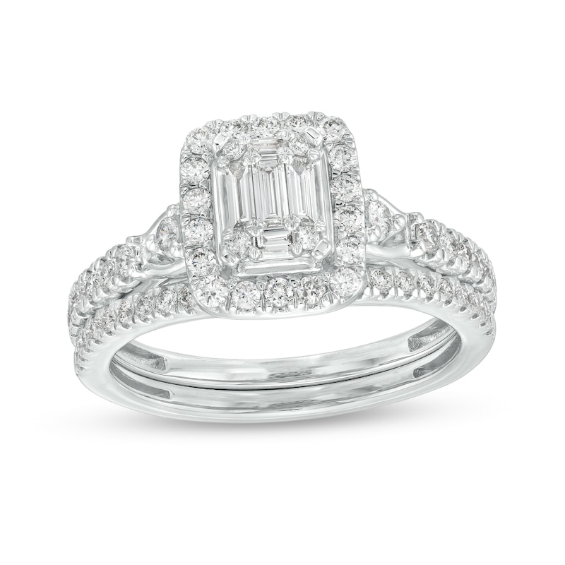 Main Image 1 of 3/4 CT. T.W. Emerald-Shaped Multi-Diamond Frame Bridal Set in 10K White Gold (I/SI2)