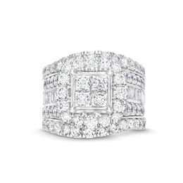 4 CT. T.W. Quad Princess-Cut Diamond Cushion Frame Multi-Row Three-Piece Bridal Set in 14K White Gold