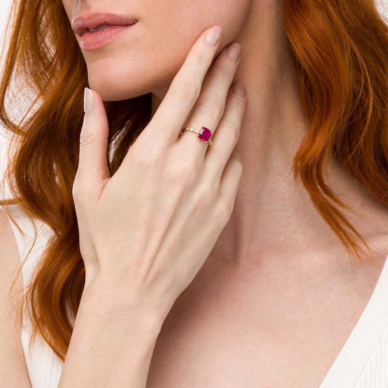 Main Image 2 of 8.0mm Cushion-Cut Lab-Created Ruby and 1/15 CT. T.W. Diamond "X" Shank Ring in 10K Gold