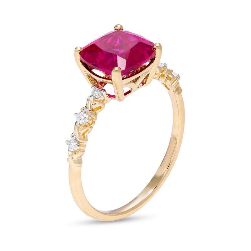 Main Image 3 of 8.0mm Cushion-Cut Lab-Created Ruby and 1/15 CT. T.W. Diamond "X" Shank Ring in 10K Gold