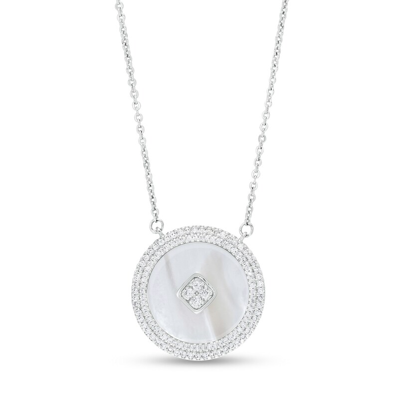 Main Image 1 of Mother of Pearl and White Lab-Created Sapphire Double Frame Necklace in Sterling Silver