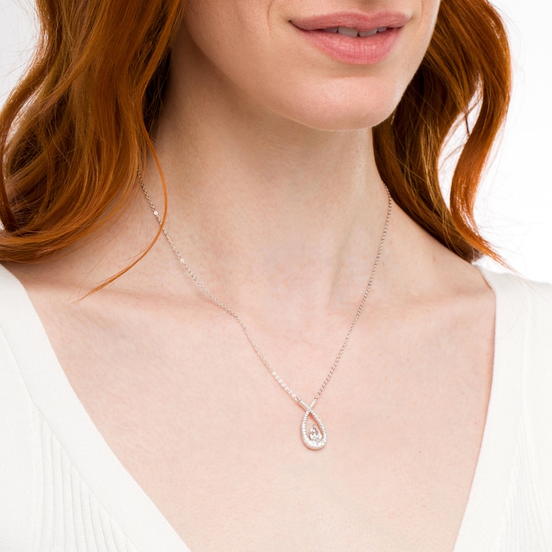 Main Image 2 of Pear-Shaped White Lab-Created Sapphire Ichthus Necklace in Sterling Silver