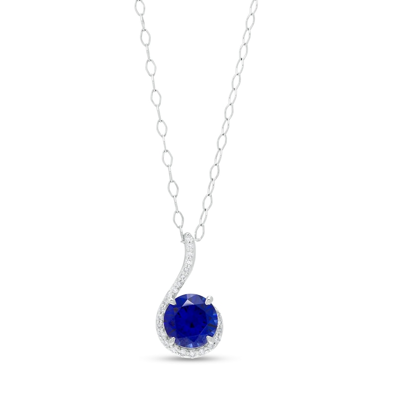 Main Image 1 of 7.0mm Blue Lab-Created Sapphire and 1/10 CT. T.W. Diamond Curlique Pendant in 10K White Gold