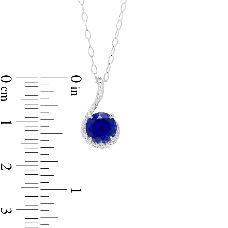 Main Image 3 of 7.0mm Blue Lab-Created Sapphire and 1/10 CT. T.W. Diamond Curlique Pendant in 10K White Gold