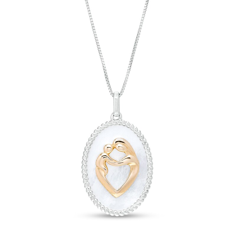 Main Image 1 of Oval Mother of Pearl Rope Frame Motherly Love Pendant in Sterling Silver and 10K Gold