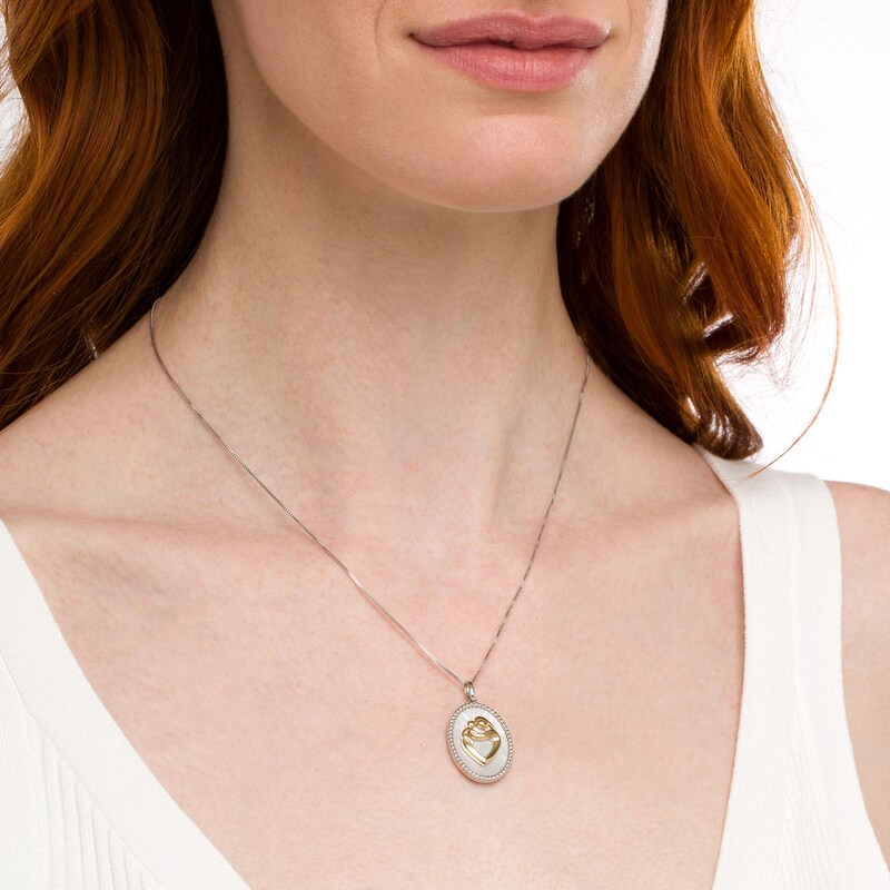 Main Image 2 of Oval Mother of Pearl Rope Frame Motherly Love Pendant in Sterling Silver and 10K Gold