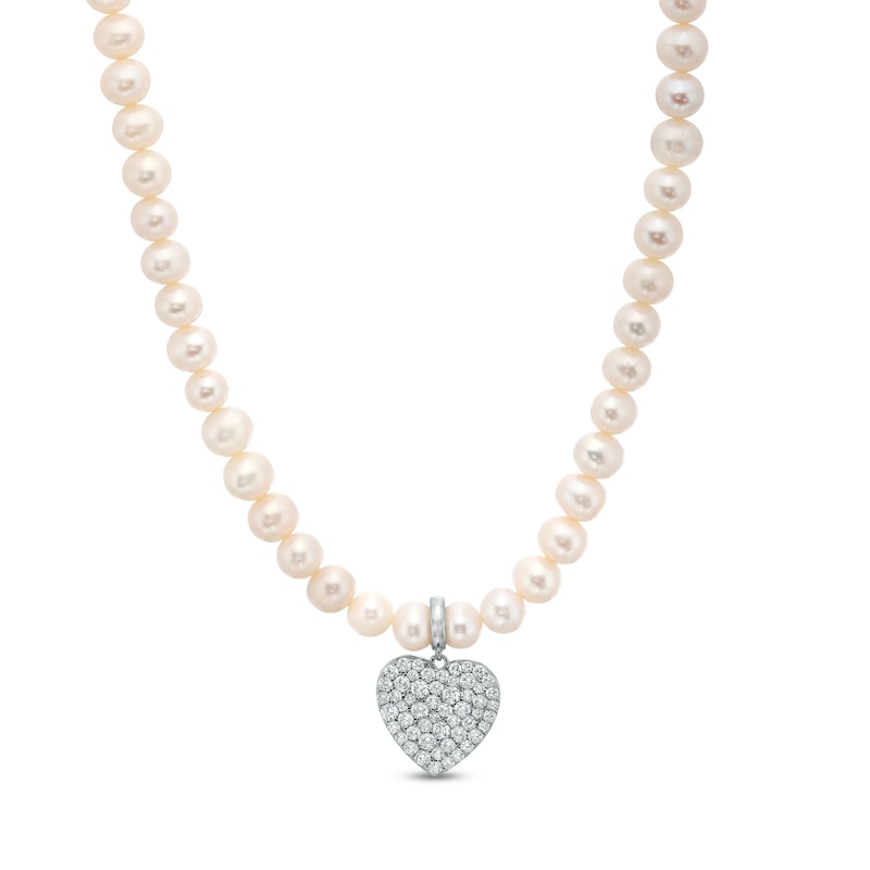 7.0-7.5mm Cultured Freshwater Pearl Strand with White Lab-Created Sapphire Heart Tag Necklace in Sterling Silver - 17"