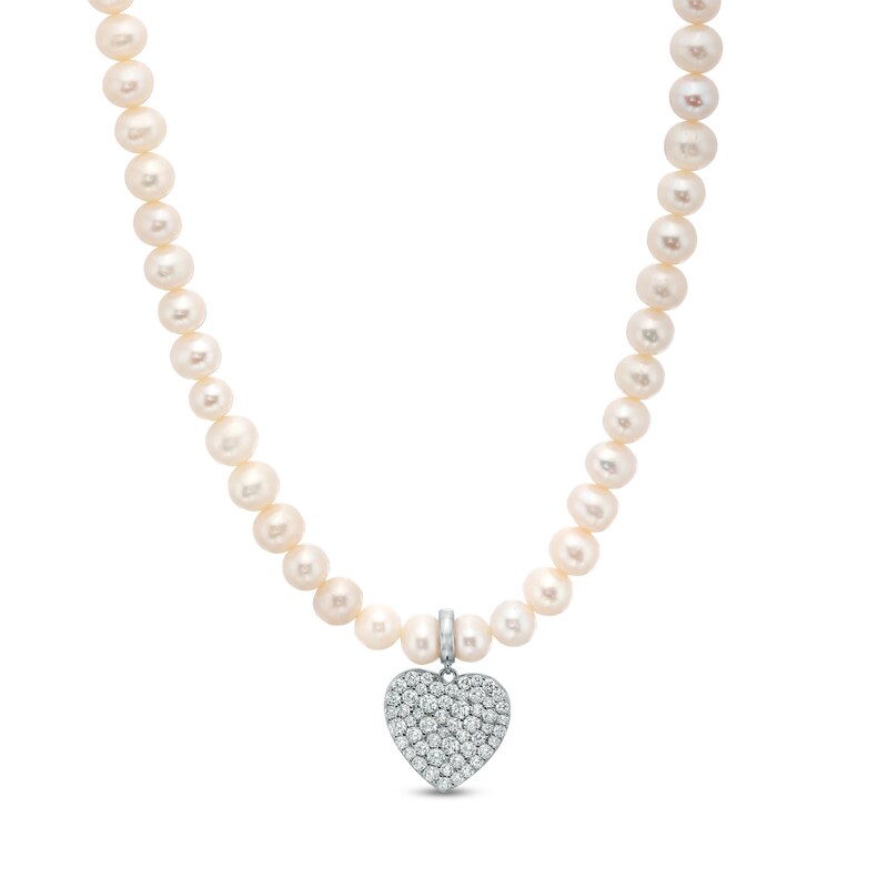 Main Image 1 of 7.0-7.5mm Freshwater Cultured Pearl Strand with White Lab-Created Sapphire Heart Tag Necklace in Sterling Silver-17"