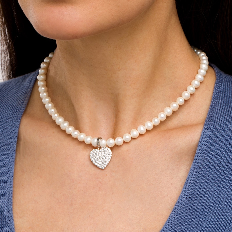 Main Image 2 of 7.0-7.5mm Freshwater Cultured Pearl Strand with White Lab-Created Sapphire Heart Tag Necklace in Sterling Silver-17"