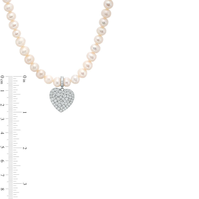 Main Image 4 of 7.0-7.5mm Freshwater Cultured Pearl Strand with White Lab-Created Sapphire Heart Tag Necklace in Sterling Silver-17"