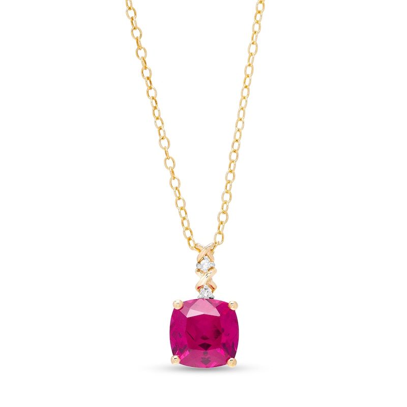 8.0mm Cushion-Cut Lab-Created Ruby and Diamond Accent "X" Drop Pendant in 10K Gold
