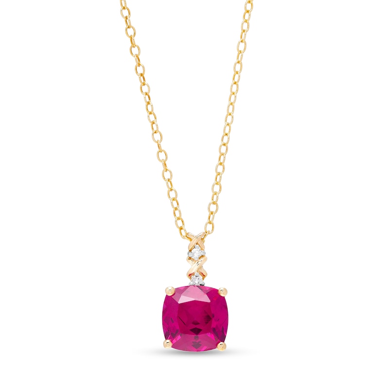 Main Image 1 of 8.0mm Cushion-Cut Lab-Created Ruby and Diamond Accent "X" Drop Pendant in 10K Gold