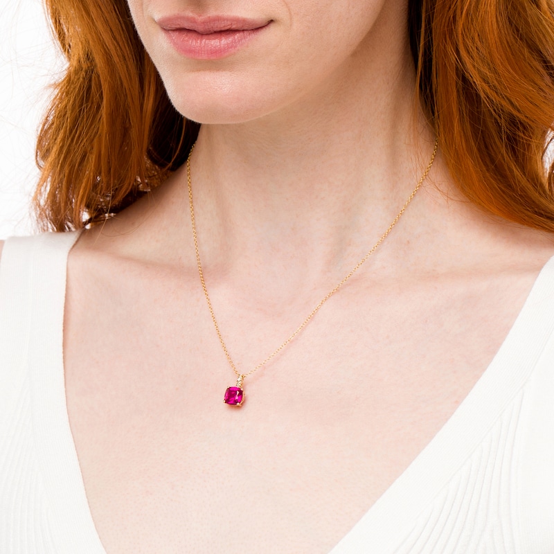 Main Image 2 of 8.0mm Cushion-Cut Lab-Created Ruby and Diamond Accent "X" Drop Pendant in 10K Gold