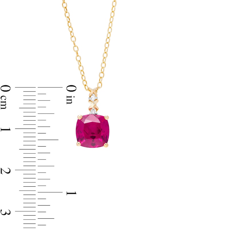 Main Image 3 of 8.0mm Cushion-Cut Lab-Created Ruby and Diamond Accent "X" Drop Pendant in 10K Gold