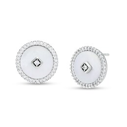 Mother of Pearl and White Lab-Created Sapphire Frame Stud Earrings in Sterling Silver