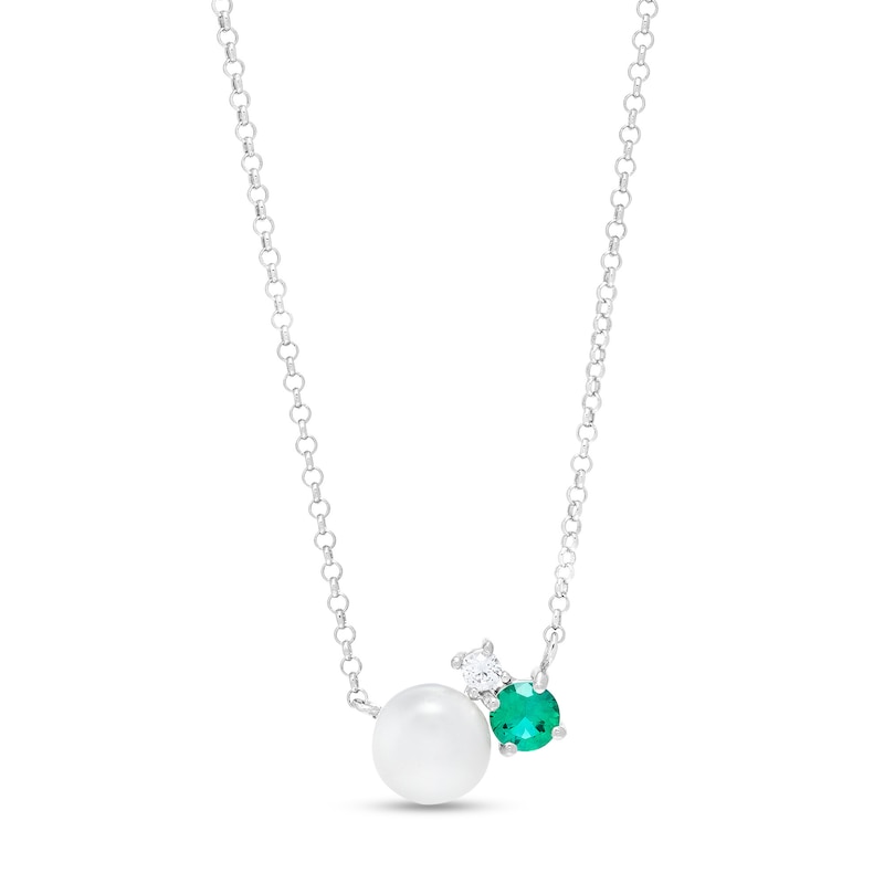 6.5mm Button Cultured Freshwater Pearl, Lab-Created Emerald and White Sapphire Three Stone Necklace in Sterling Silver