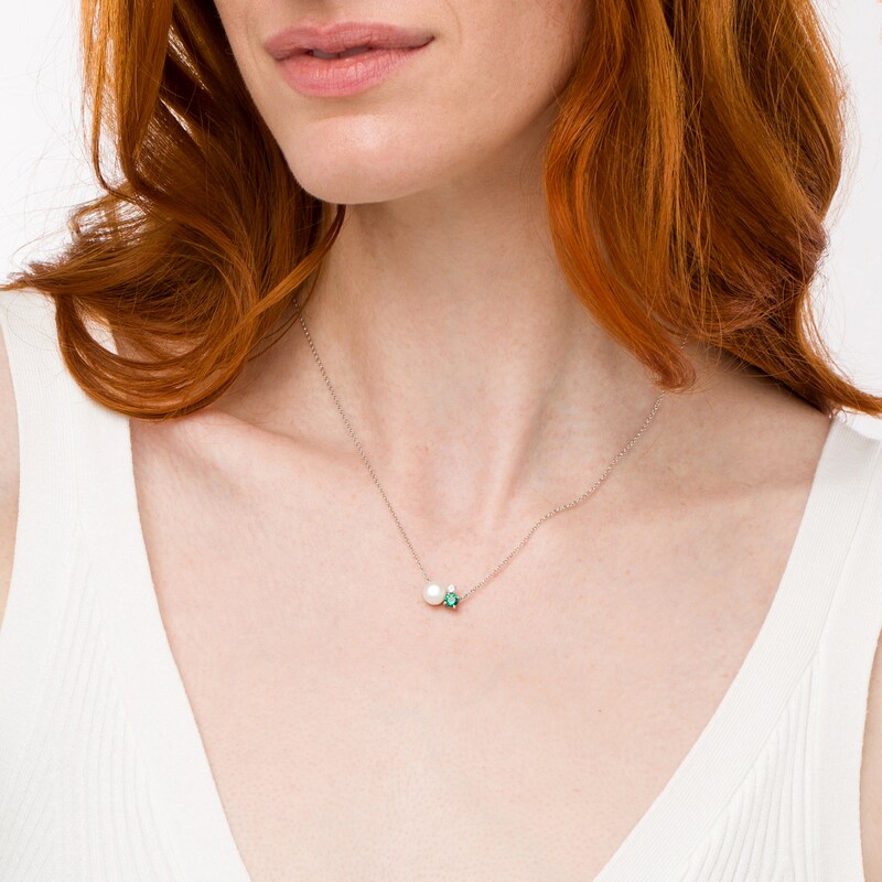 6.5mm Button Cultured Freshwater Pearl, Lab-Created Emerald and White Sapphire Three Stone Necklace in Sterling Silver