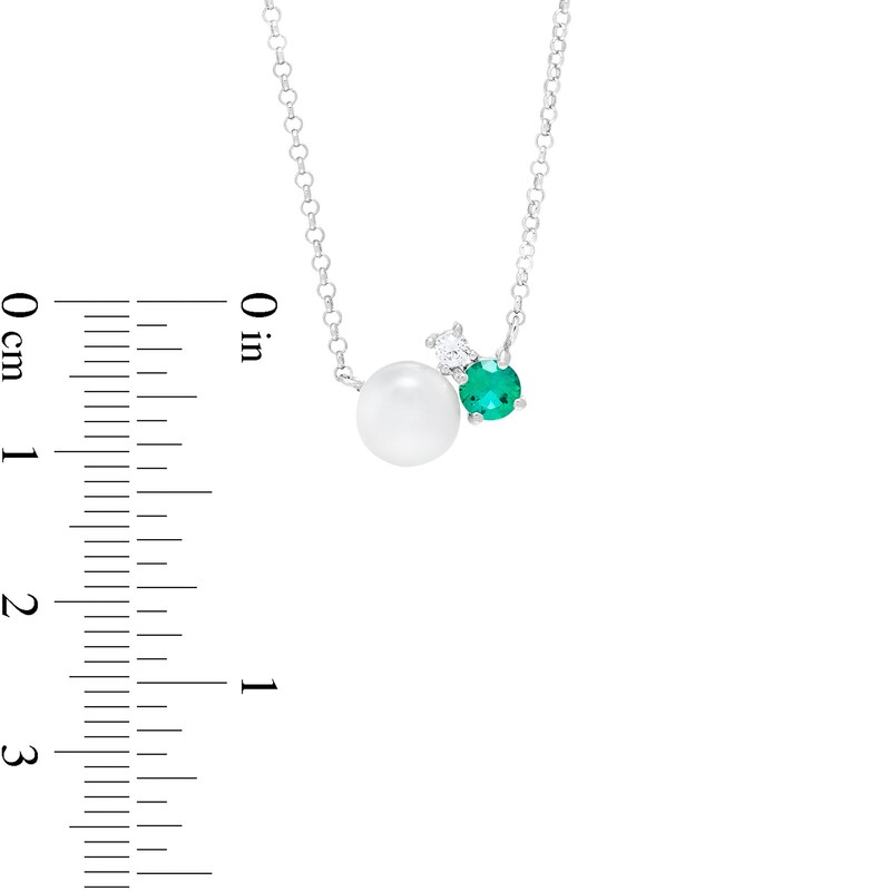 Main Image 3 of 6.5mm Button Freshwater Cultured Pearl, Lab-Created Emerald and White Sapphire Three Stone Necklace in Sterling Silver