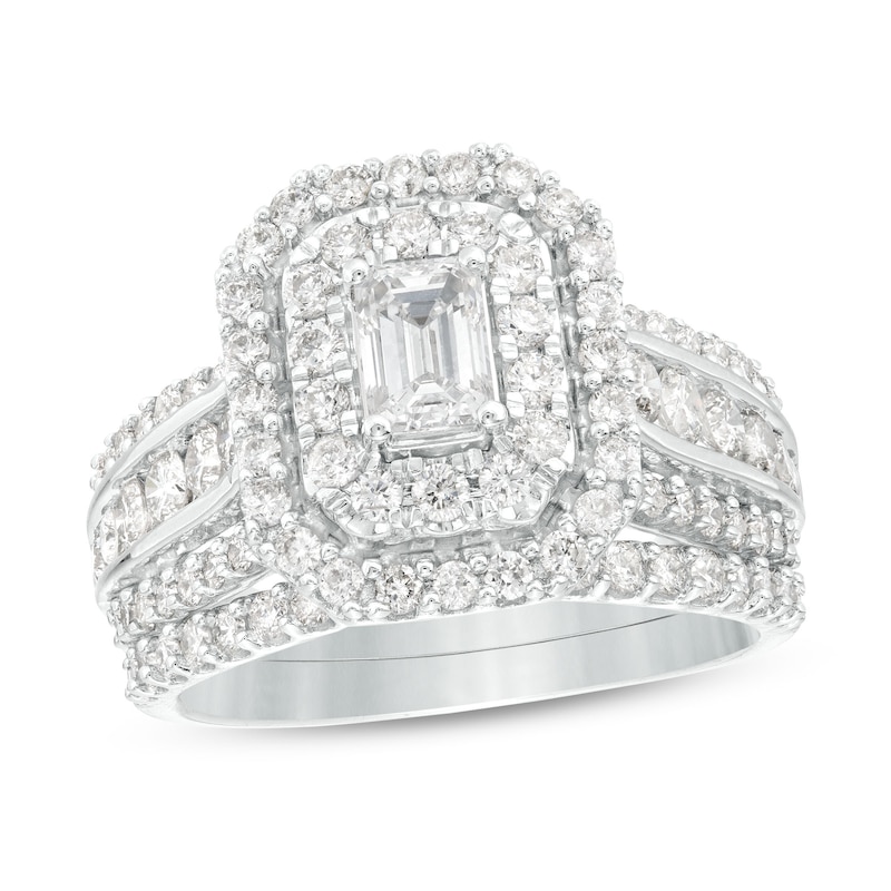 Main Image 1 of 2 CT. T.W. Emerald-Cut Diamond Double Frame Multi-Row Bridal Set in 14K White Gold (I/I2)