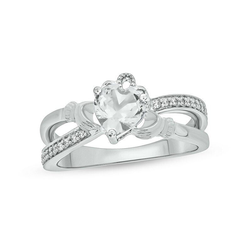 Main Image 1 of 5.0mm Heart-Shaped White Lab-Created Sapphire and 1/10 CT. T.W. Diamond Criss-Cross Claddagh Ring in Sterling Silver