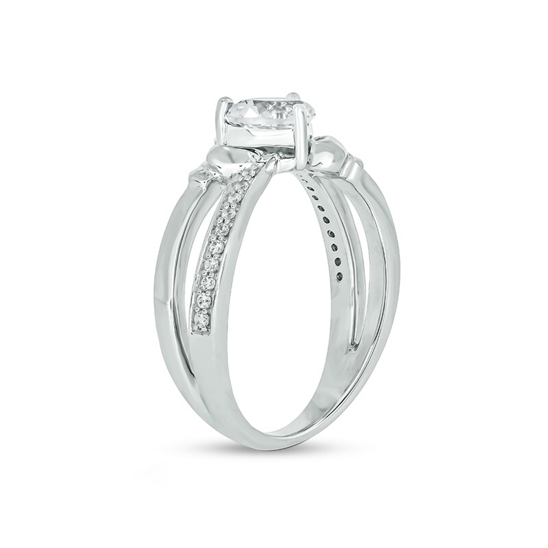 Main Image 2 of 5.0mm Heart-Shaped White Lab-Created Sapphire and 1/10 CT. T.W. Diamond Criss-Cross Claddagh Ring in Sterling Silver