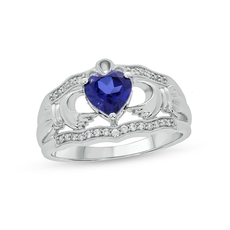 Main Image 1 of 6.0mm Heart-Shaped Blue Lab-Created Sapphire and 1/10 CT. T.W. Diamond Vintage-Style Claddagh Ring in Sterling Silver